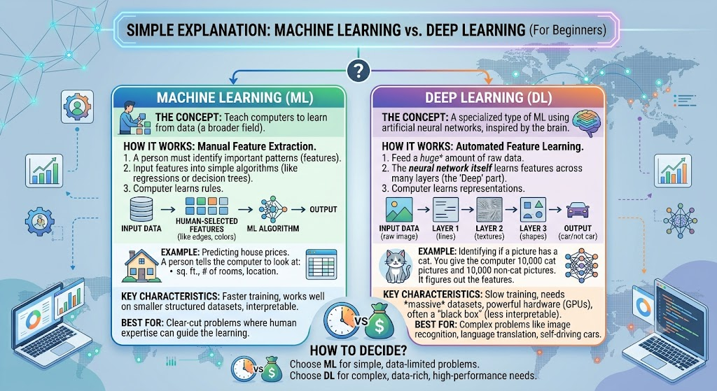 Machine Learning vs Deep Learning: Simple Explanation for Beginners