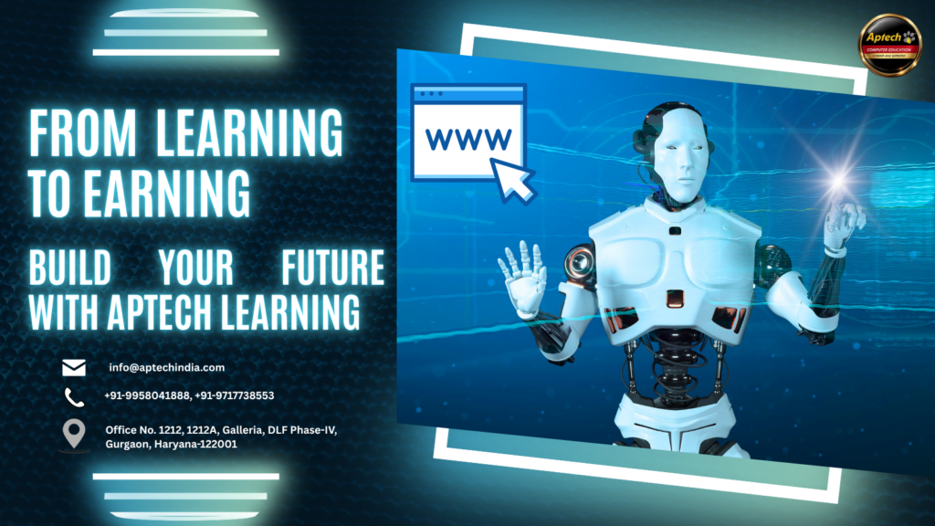 Modern IT classroom at Aptech with students learning coding, cybersecurity, and data skills